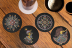 Set of 4 Round Coasters | Handmade Mandala Print | Glossy Finish in Black background
