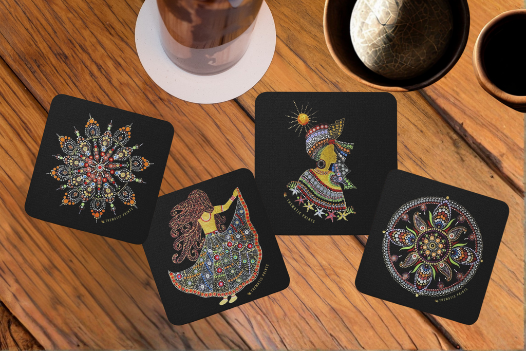 Set of 4 Square Coasters | Handmade Mandala Print | Glossy Finish in Black background