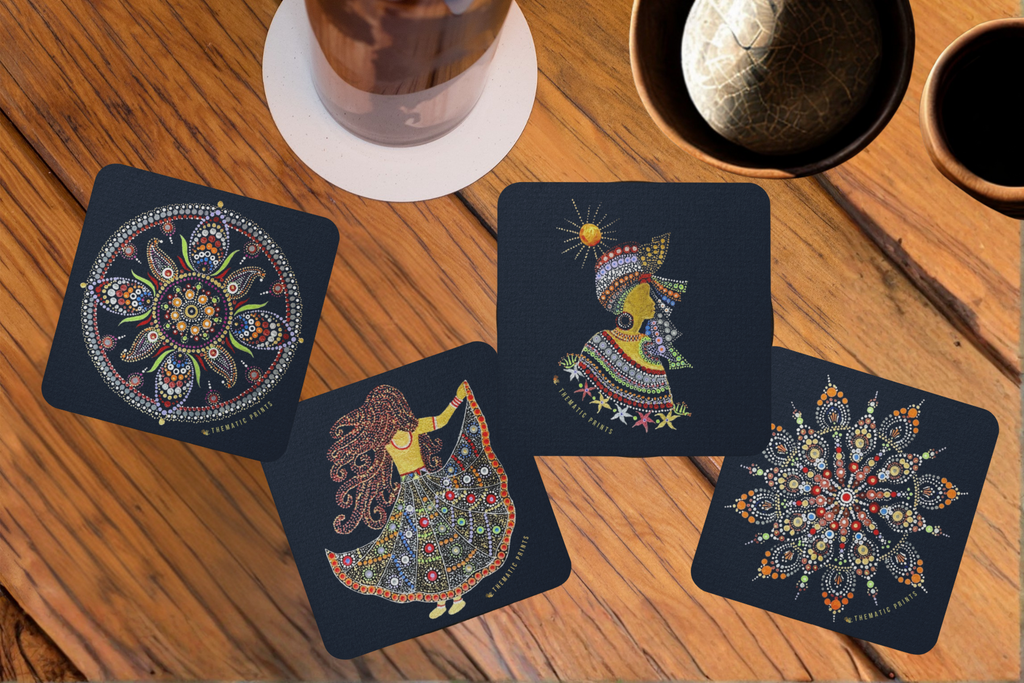 Set of 4 Square Coasters | Handmade Mandala Print | Glossy Finish in Blue background
