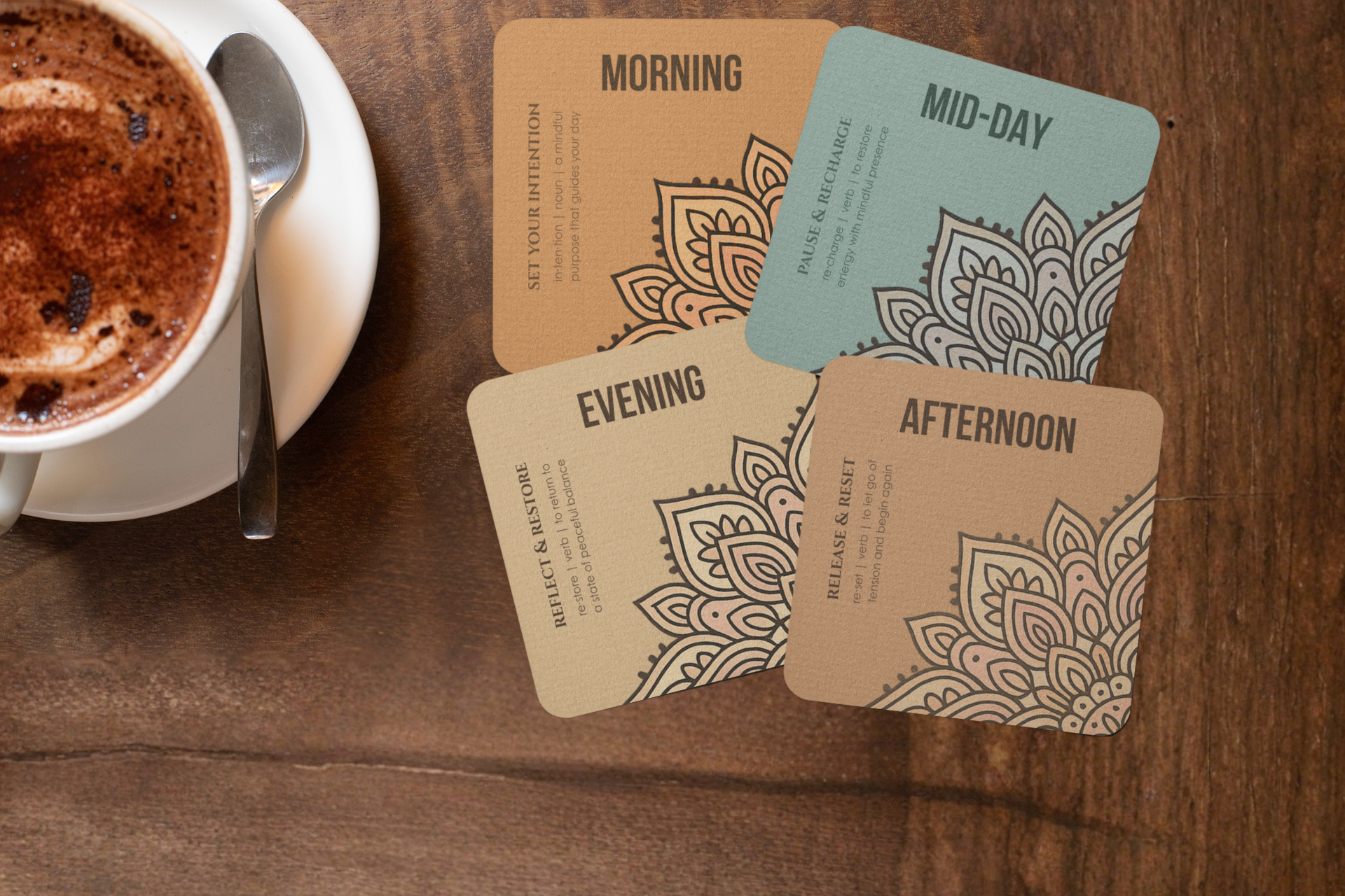 Set of 4 Square Coasters | Mindful Meanings Collection | MDF with Glossy Finish