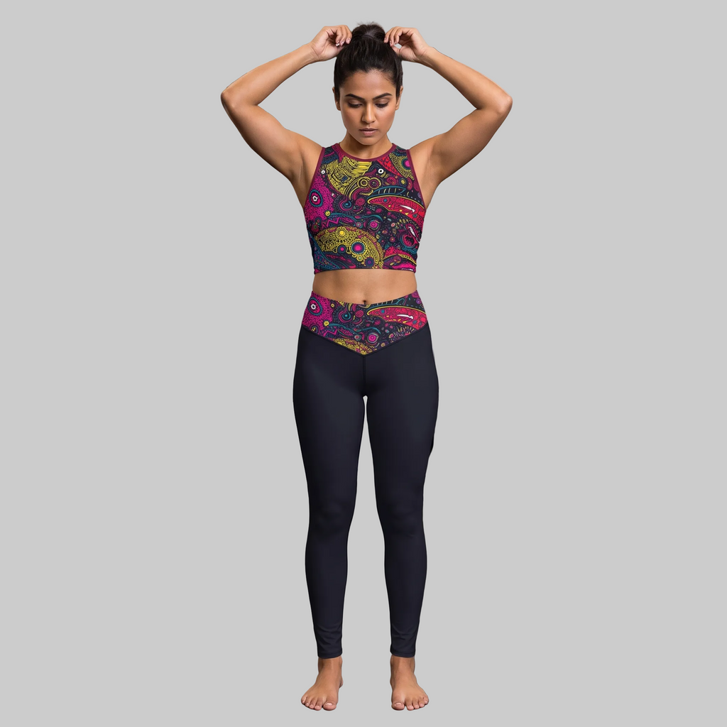 Women's Gym Crop Top & Leggings Set | Abstract Organic Print | Stretchable Slim Fit Active Wear for Women
