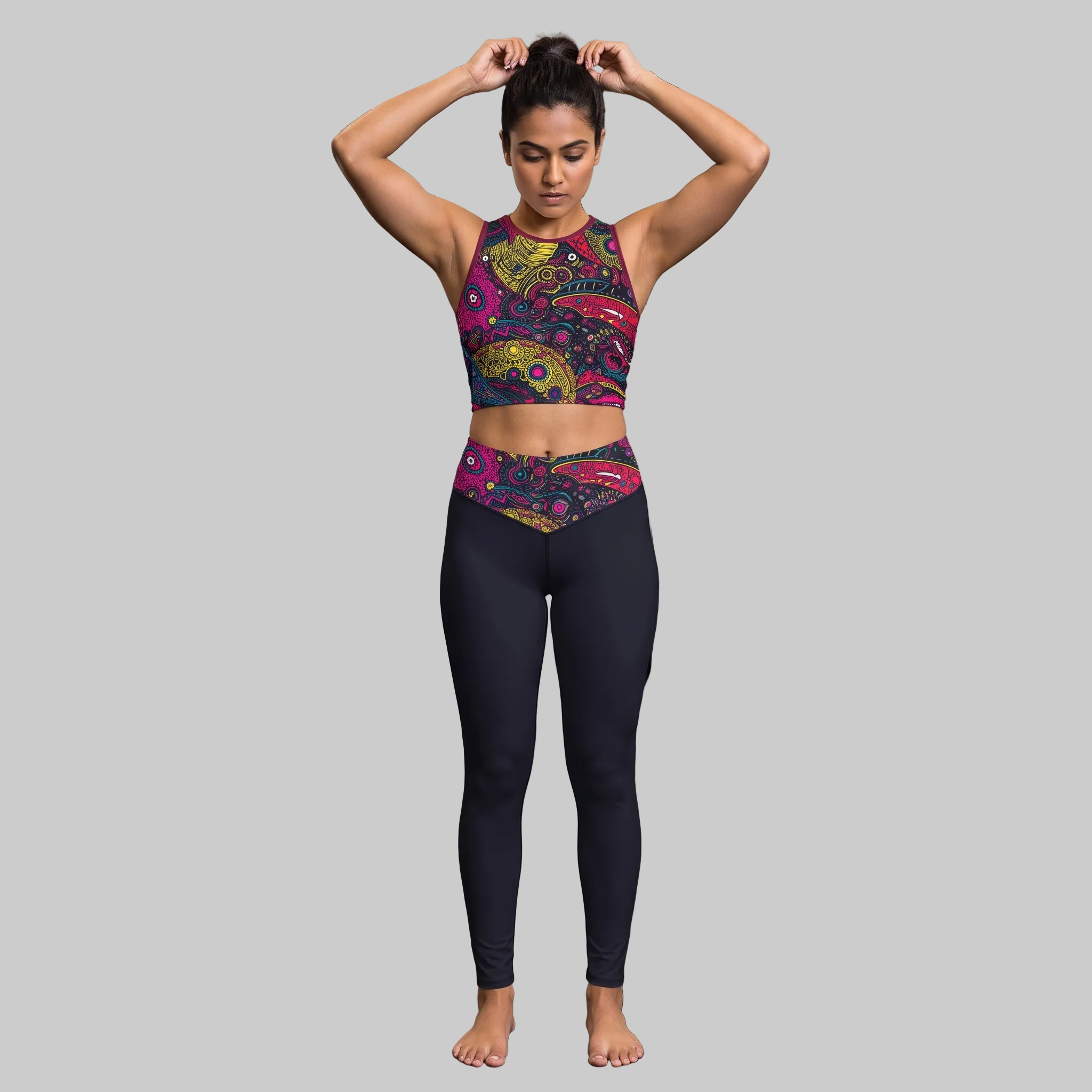 Women's Gym Crop Top & Leggings Set | Abstract Organic Print | Stretchable Slim Fit Active Wear for Women