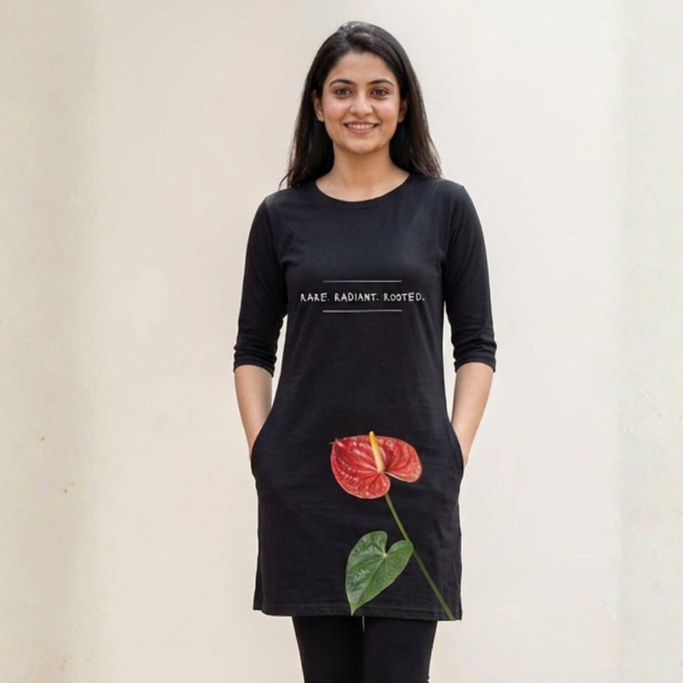 Women's Printed T-Shirt Dress | 100% Spun Polyester | Anthurium Floral Pattern | Casual Dress with Pockets for Women