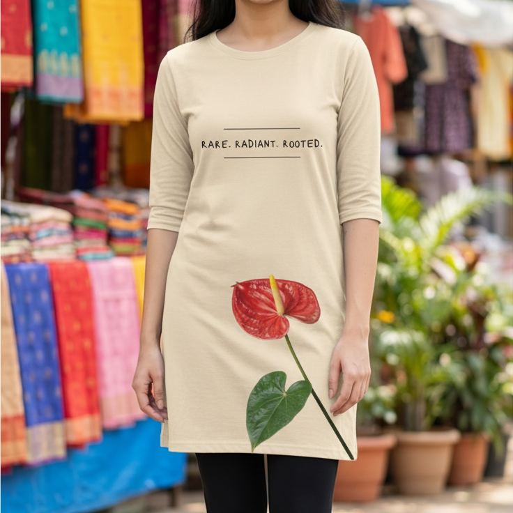 Women's Printed T-Shirt Dress | 100% Spun Polyester | Anthurium Floral Pattern in Ivory Base | Casual Dress with Pockets for Women