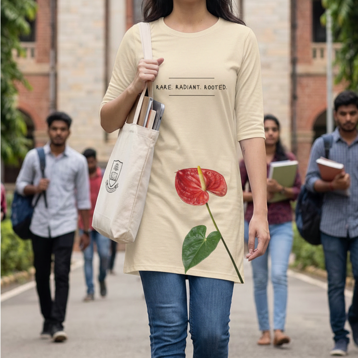 Women's Printed T-Shirt Dress | 100% Spun Polyester | Anthurium Floral Pattern in Ivory Base | Casual Dress with Pockets for Women