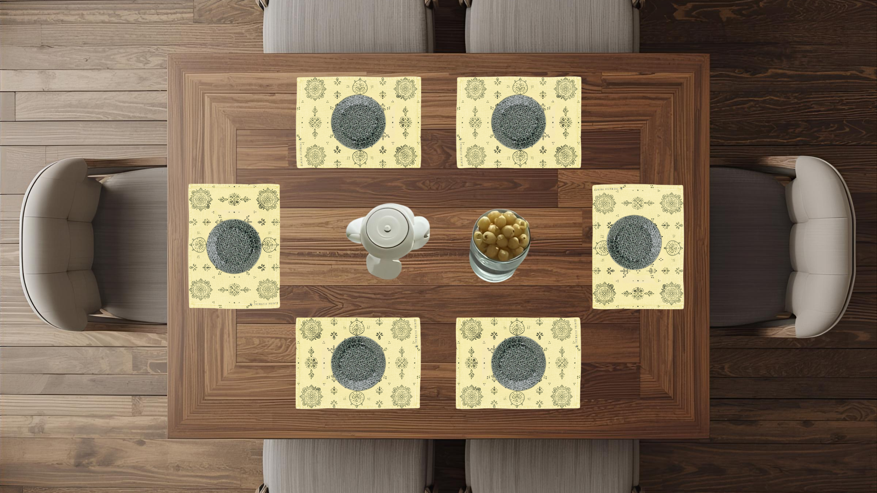 Polyster Fabric Set of 6 Table Placemats - Line Art Rangoli