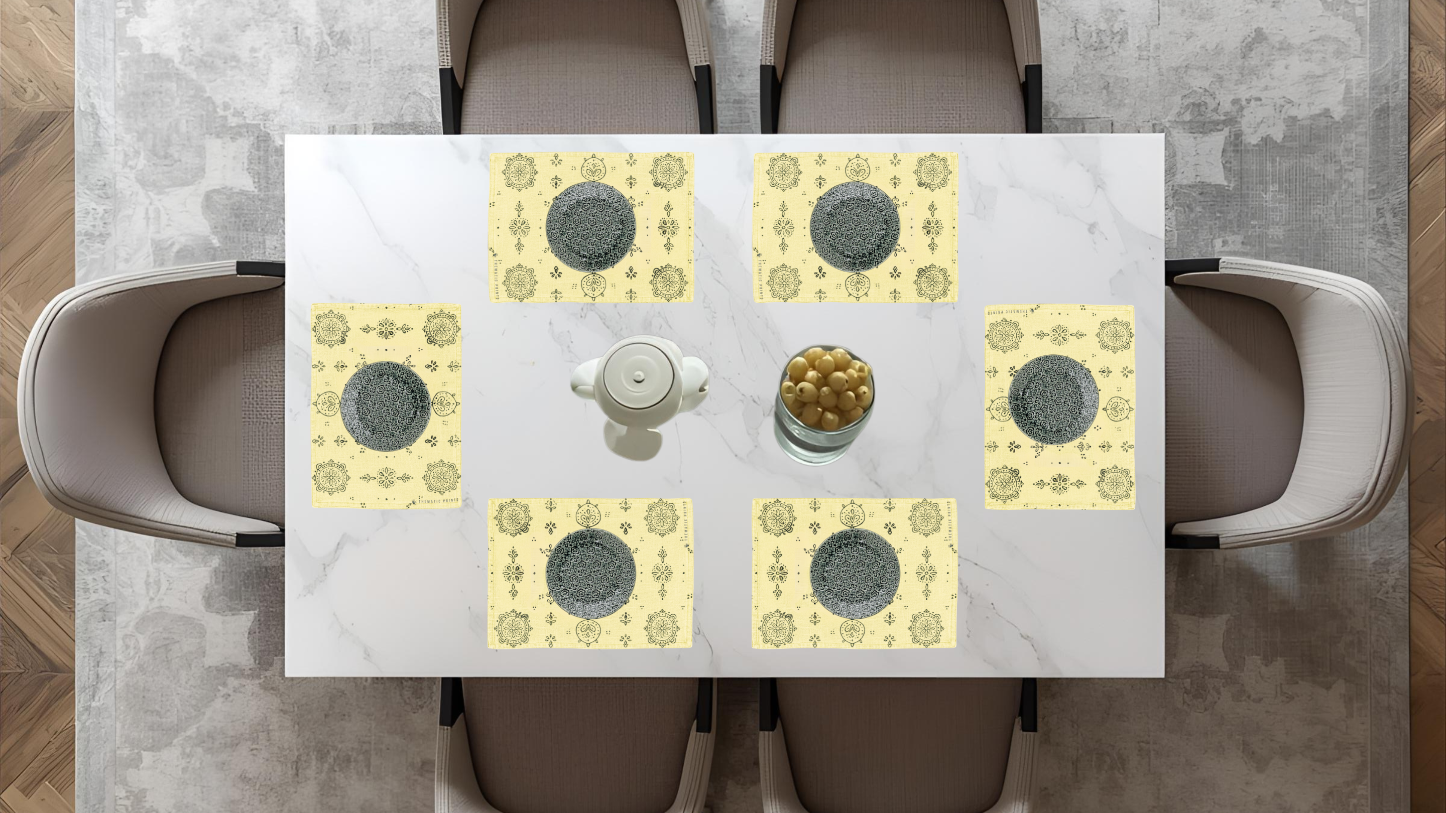 Polyster Fabric Set of 6 Table Placemats - Line Art Rangoli