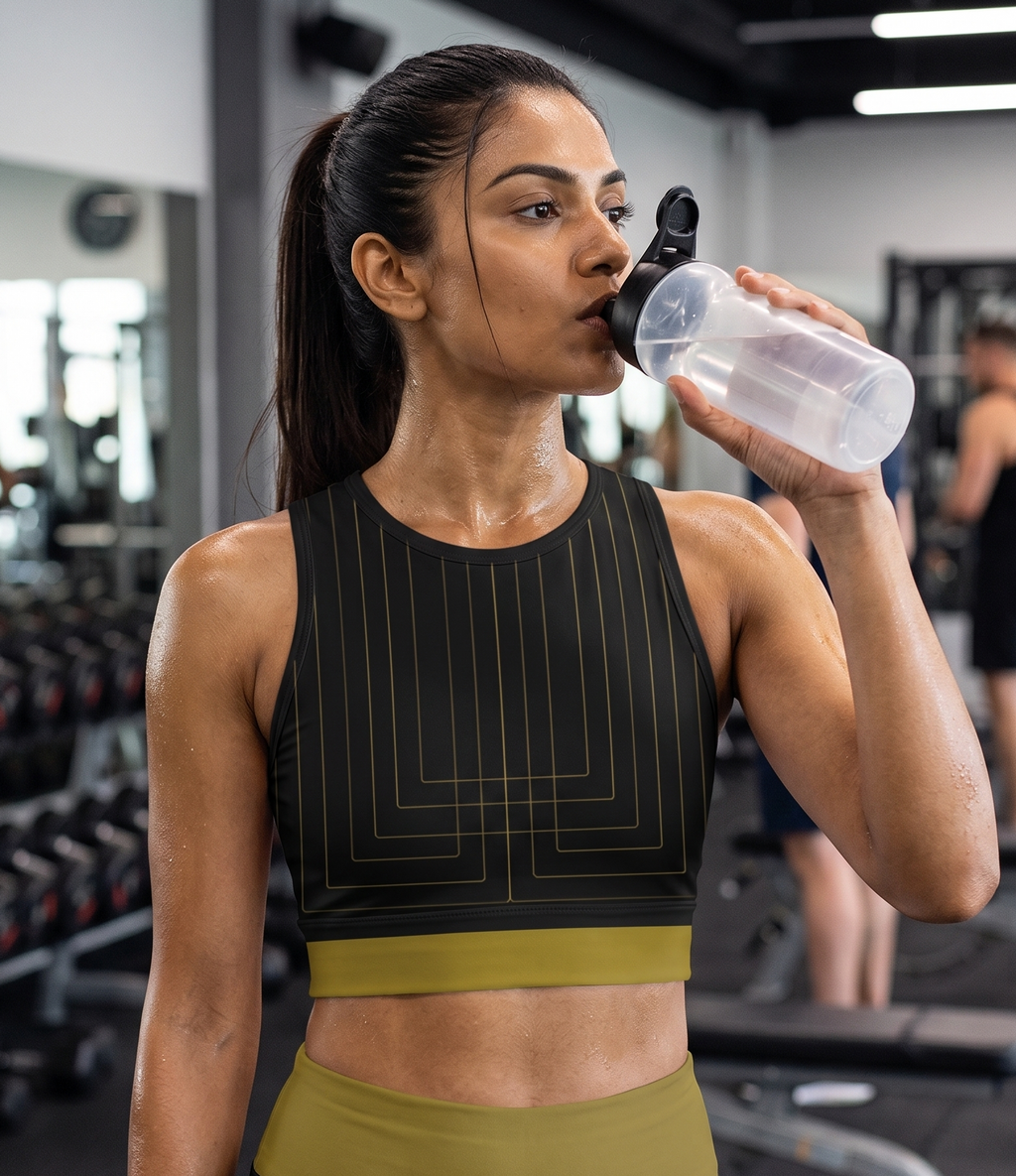 Women's Gym Workout Crop Top | Black Gold Print | Poly Spandex Fabric | Stretchable Slim Fit Active Wear for Women