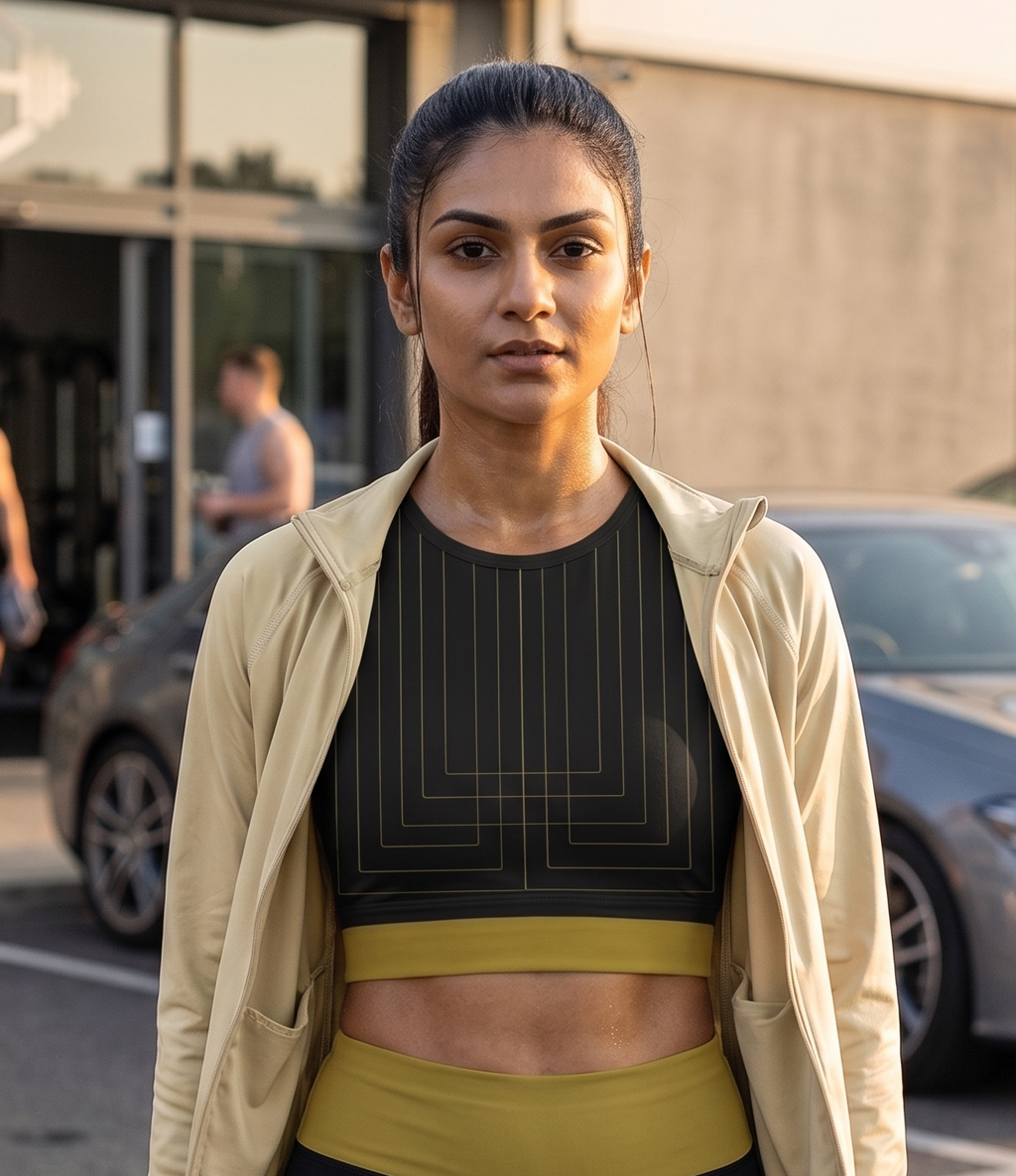 Women's Gym Workout Crop Top | Black Gold Print | Poly Spandex Fabric | Stretchable Slim Fit Active Wear for Women