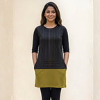 Women's Printed T-Shirt Dress | 100% Spun Polyester | Black Gold Geometric Pattern | Functional Pockets | Casual Regular Fit Dress for Women