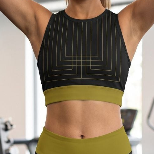 Women's Gym Workout Crop Top | Black Gold Print | Poly Spandex Fabric | Stretchable Slim Fit Active Wear for Women