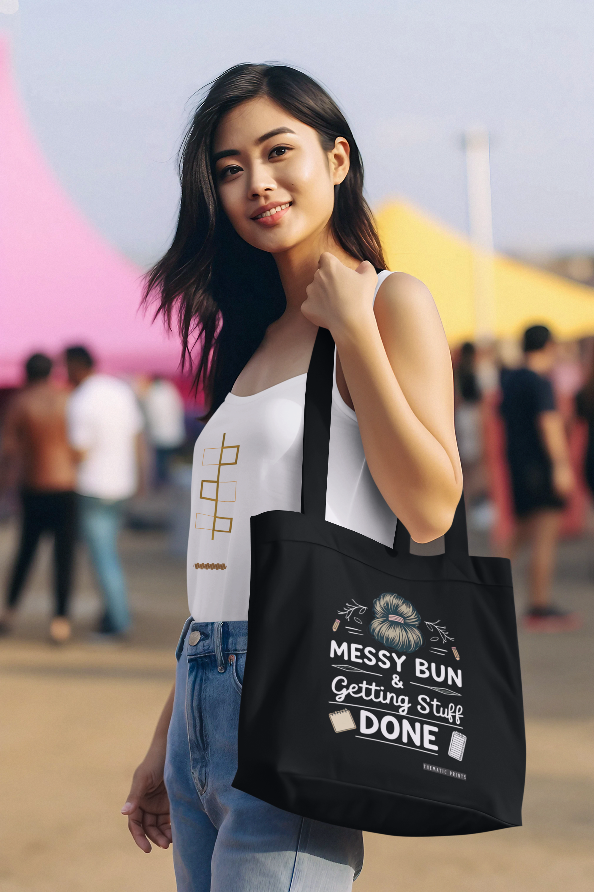 Canvas Eco-friendly Zipper Tote Bag for Collect Girls - Campus Casual Collection - Messy Bun and Getting Stuff Done