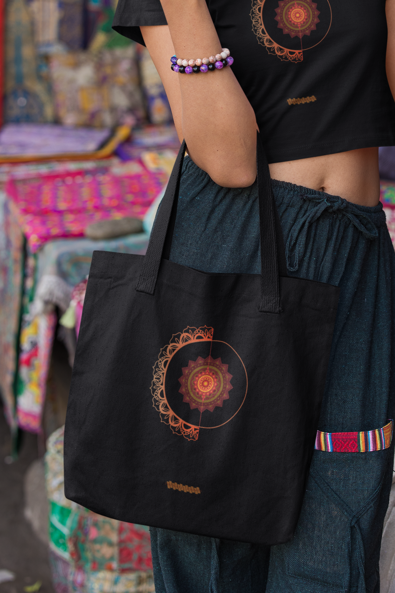 Mandala Pattern Cotton Tote Bag with Zipper | Spiritual Design Carry Bag