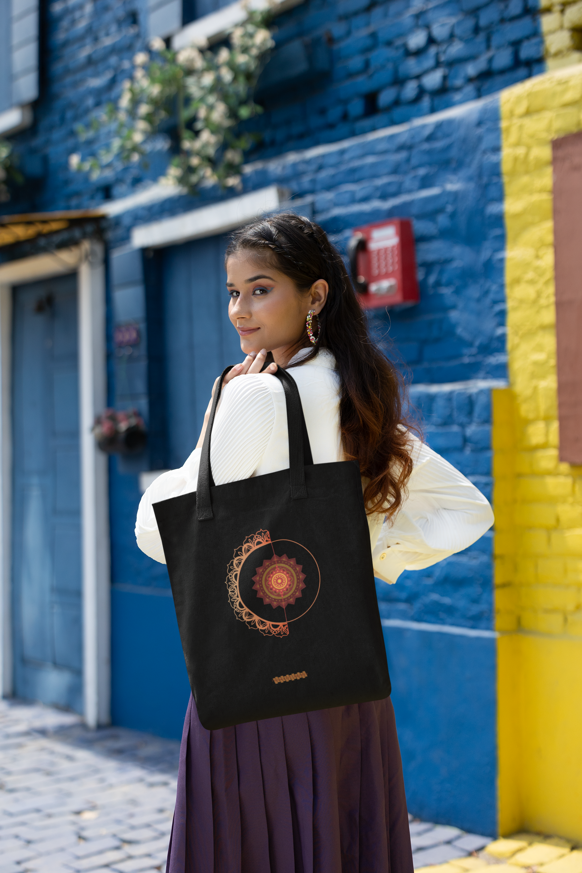 Mandala Pattern Cotton Tote Bag with Zipper | Spiritual Design Carry Bag