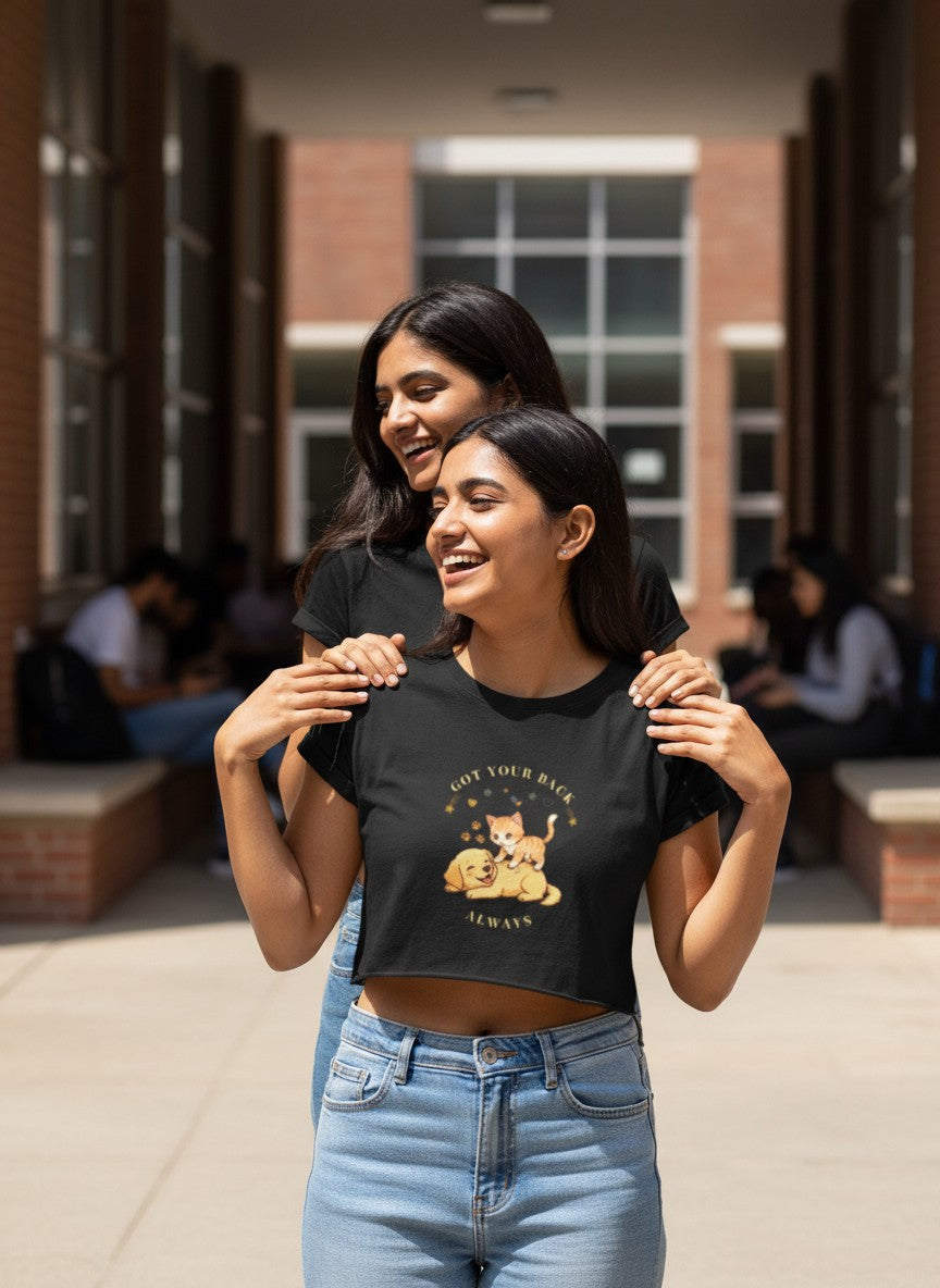 Puppy & Kitten Friendship Printed Crop Top - Got Your Back Always | Cute Animal Graphic | Women's Cotton Crop Top
