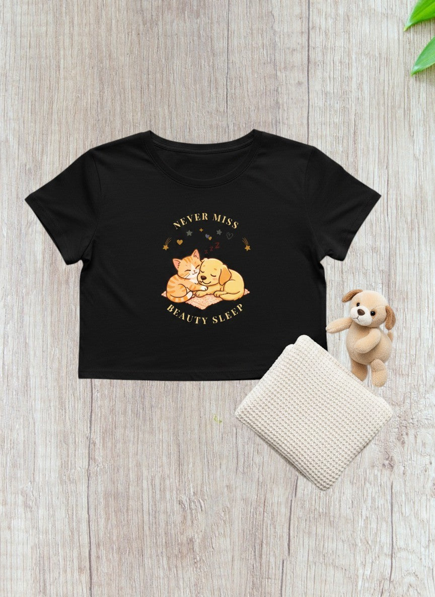Cute Napping Puppy & Kitten Printed Crop Top - Never Miss Beauty Sleep | Self Care Graphic | Women's Cotton Crop Top