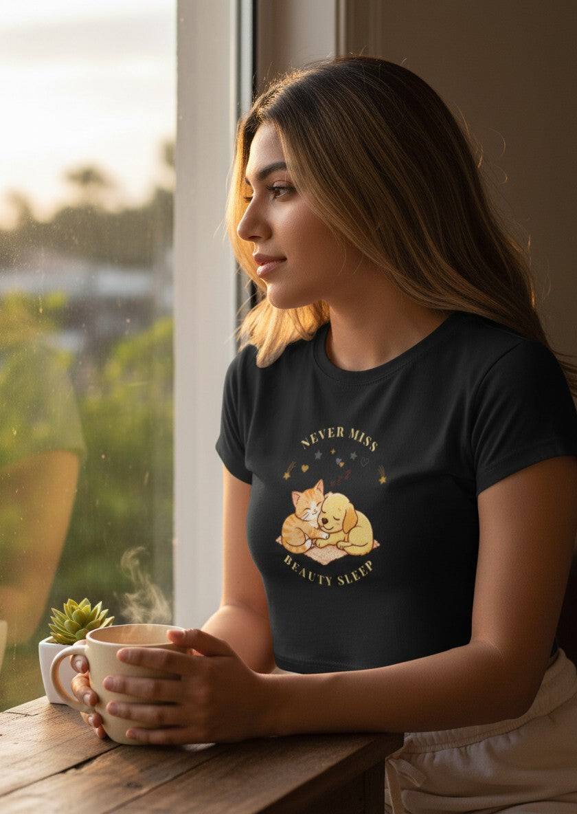 Cute Napping Puppy & Kitten Printed Crop Top - Never Miss Beauty Sleep | Self Care Graphic | Women's Cotton Crop Top