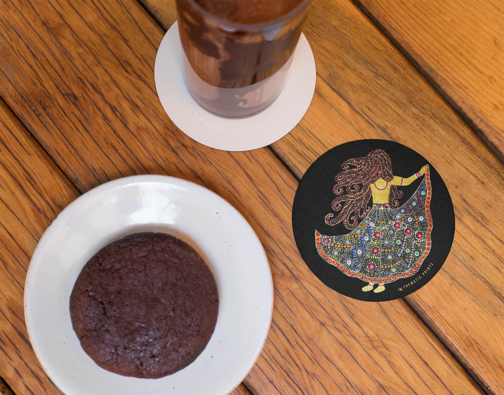 Set of 4 Round Coasters | Handmade Mandala Print | Glossy Finish in Black background