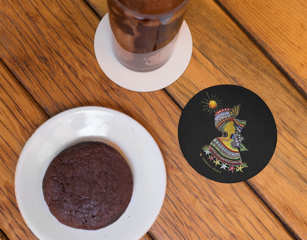 Set of 4 Round Coasters | Handmade Mandala Print | Glossy Finish in Black background