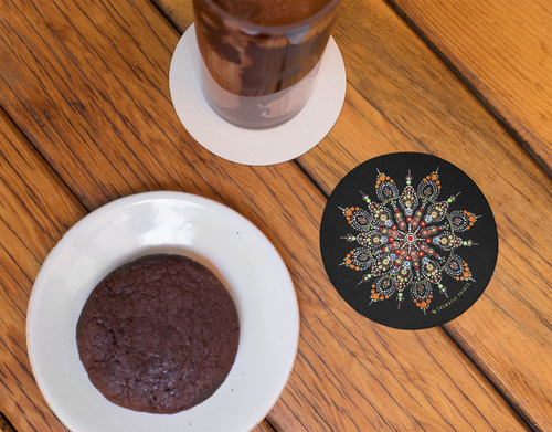 Set of 4 Round Coasters | Handmade Mandala Print | Glossy Finish in Black background