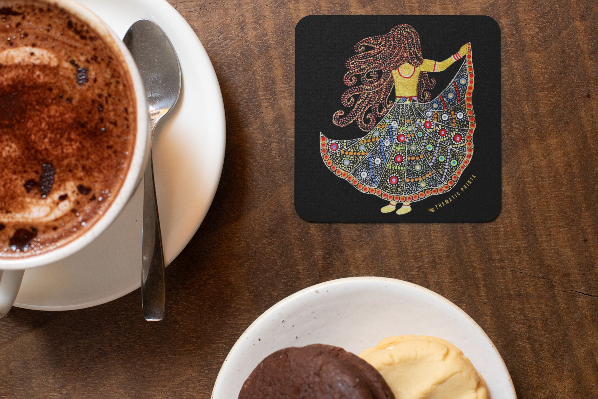 Set of 4 Square Coasters | Handmade Mandala Print | Glossy Finish in Black background