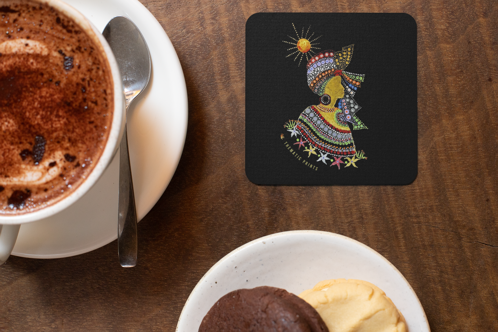 Set of 4 Square Coasters | Handmade Mandala Print | Glossy Finish in Black background