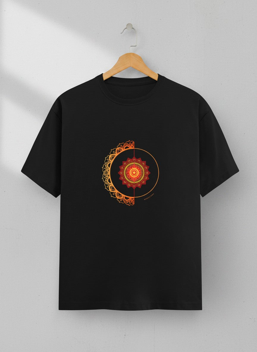 Fire and Energy mandala print black t-shirt by Thematic Prints India