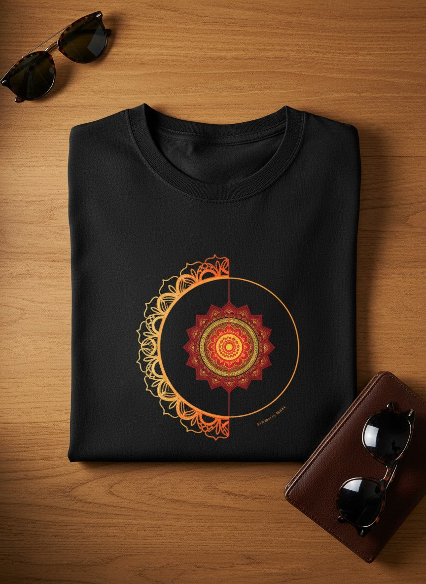 Close-up of Fire and Energy mandala print on black cotton t-shirt