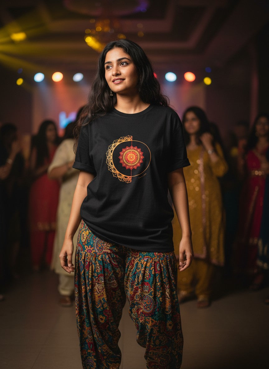 Young woman wearing Fire and Energy mandala print unisex black t-shirt bhajan clubbing India
