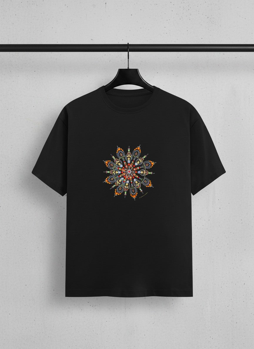 Wheel of Time asymmetric mandala print black t-shirt by Thematic Prints India