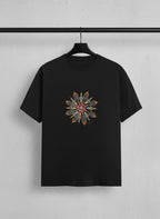 Wheel of Time asymmetric mandala print black t-shirt by Thematic Prints India