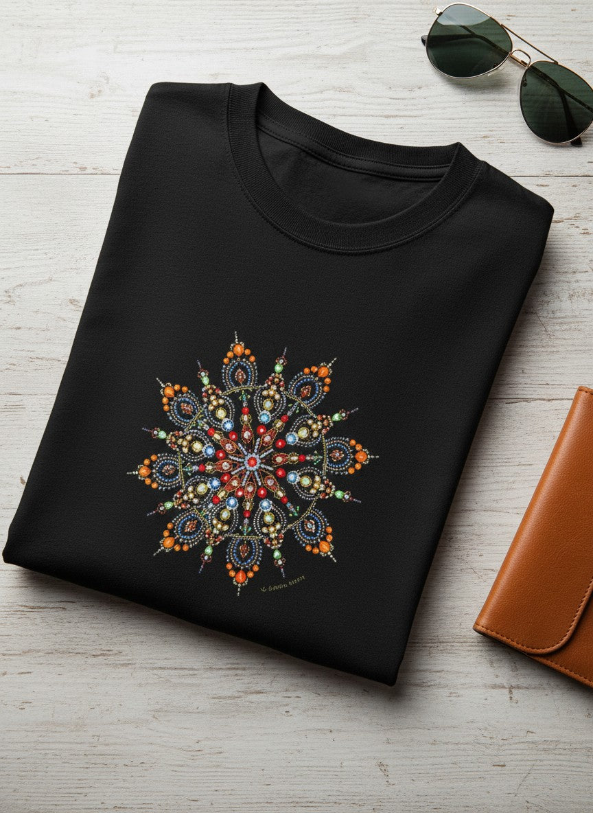 Close-up of Wheel of Time asymmetric mandala print on cotton black t-shirt