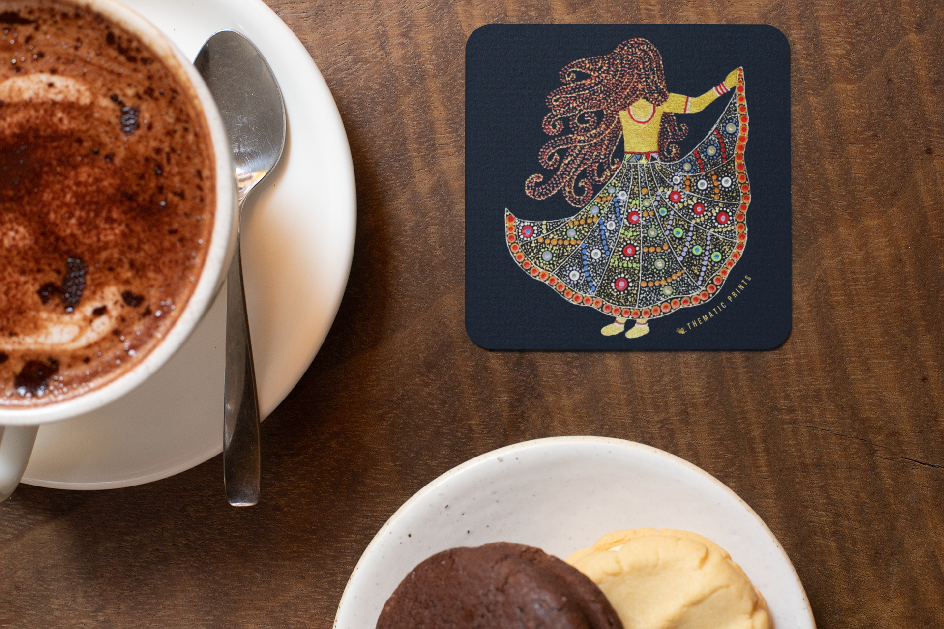 Set of 4 Square Coasters | Handmade Mandala Print | Glossy Finish in Blue background