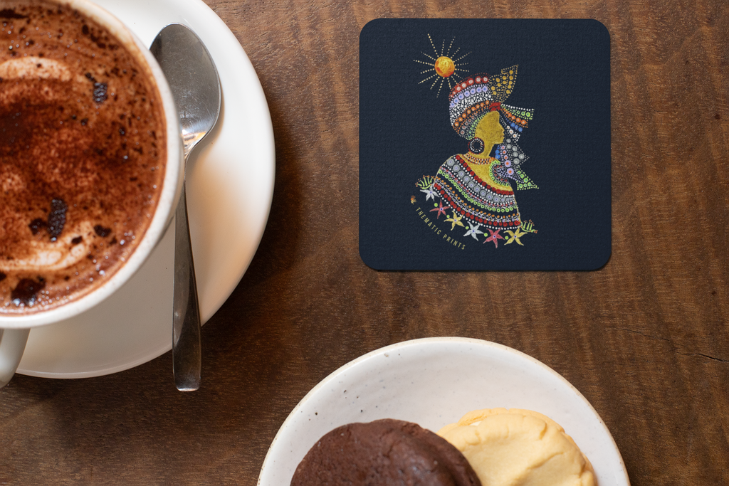 Set of 4 Square Coasters | Handmade Mandala Print | Glossy Finish in Blue background