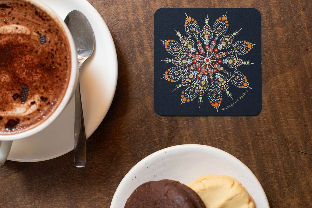 Set of 4 Square Coasters | Handmade Mandala Print | Glossy Finish in Blue background