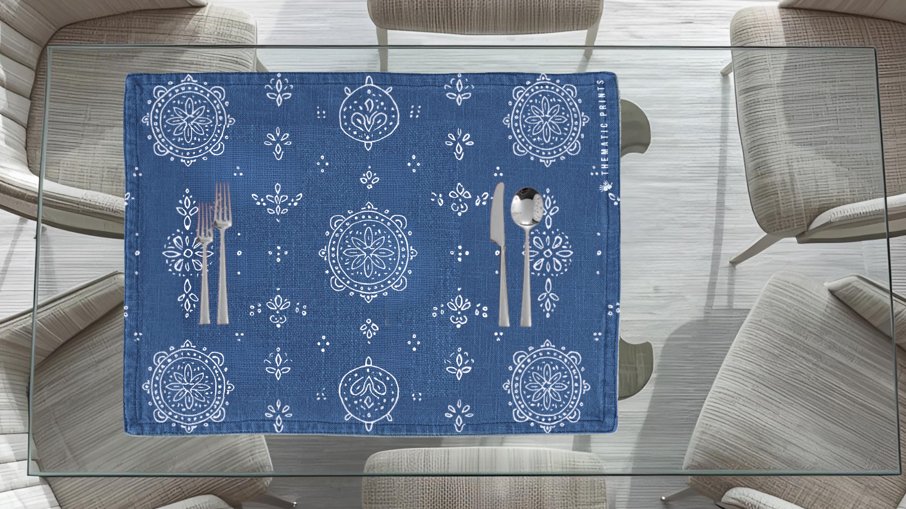 Polyster Fabric Set of 6 Table Placemats - Line Art Rangoli