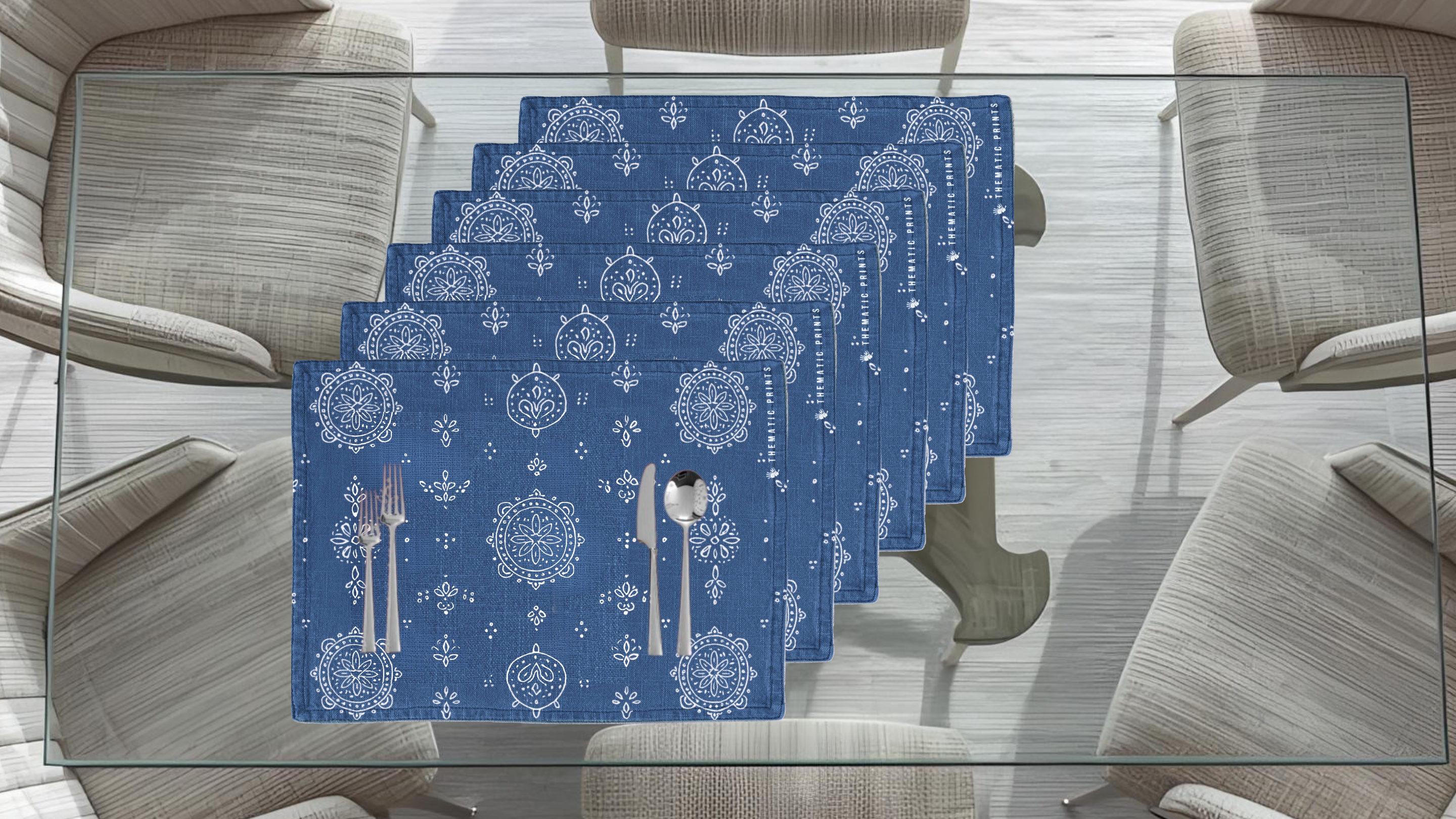Polyster Fabric Set of 6 Table Placemats - Line Art Rangoli