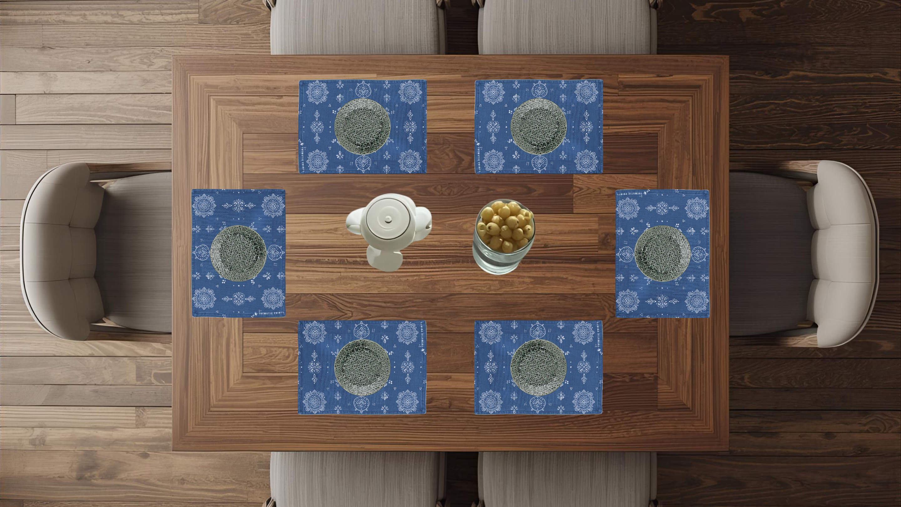 Polyster Fabric Set of 6 Table Placemats - Line Art Rangoli