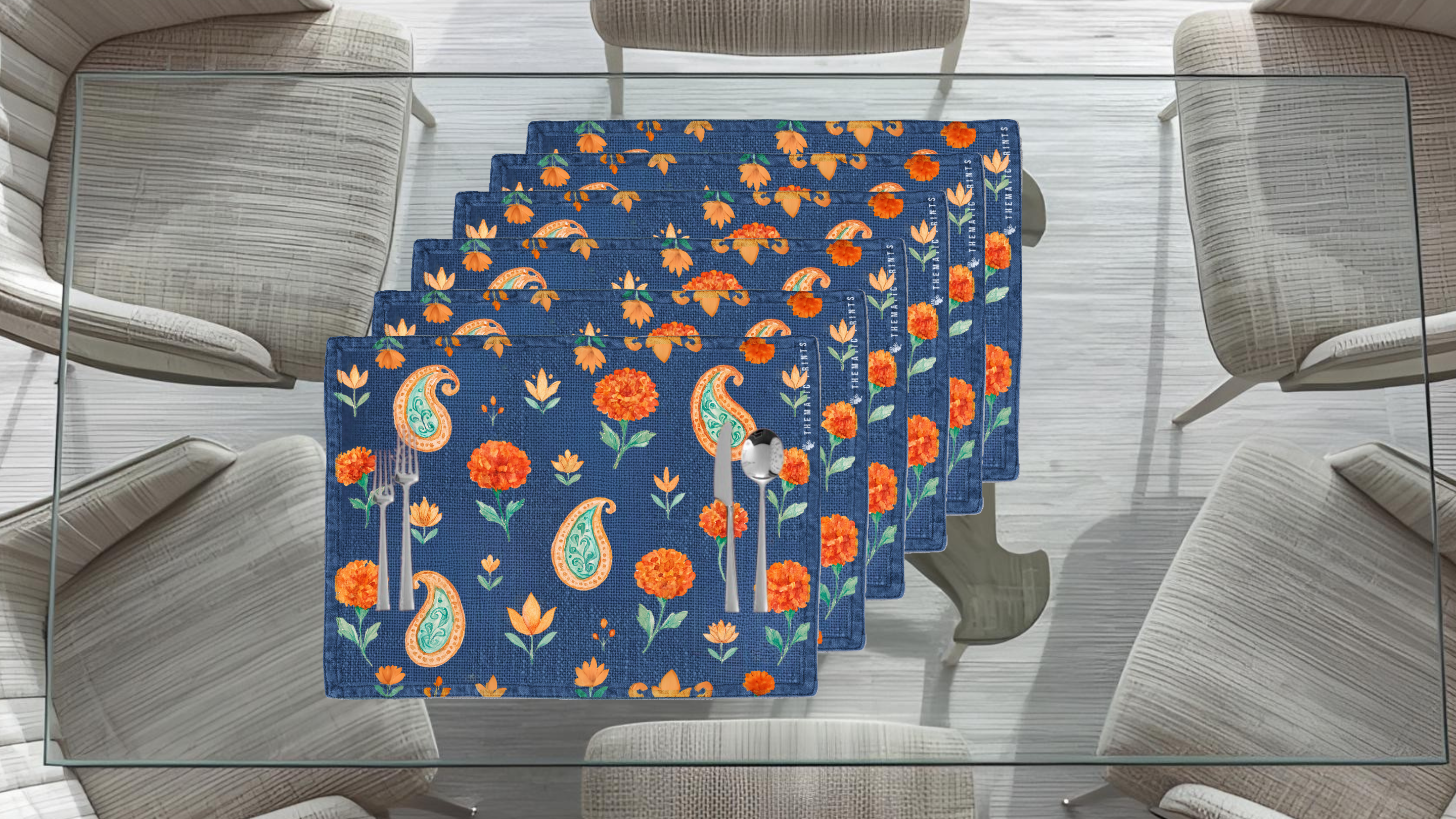 Polyster Fabric Set of 6 Table Placemats - Watercolor Floral