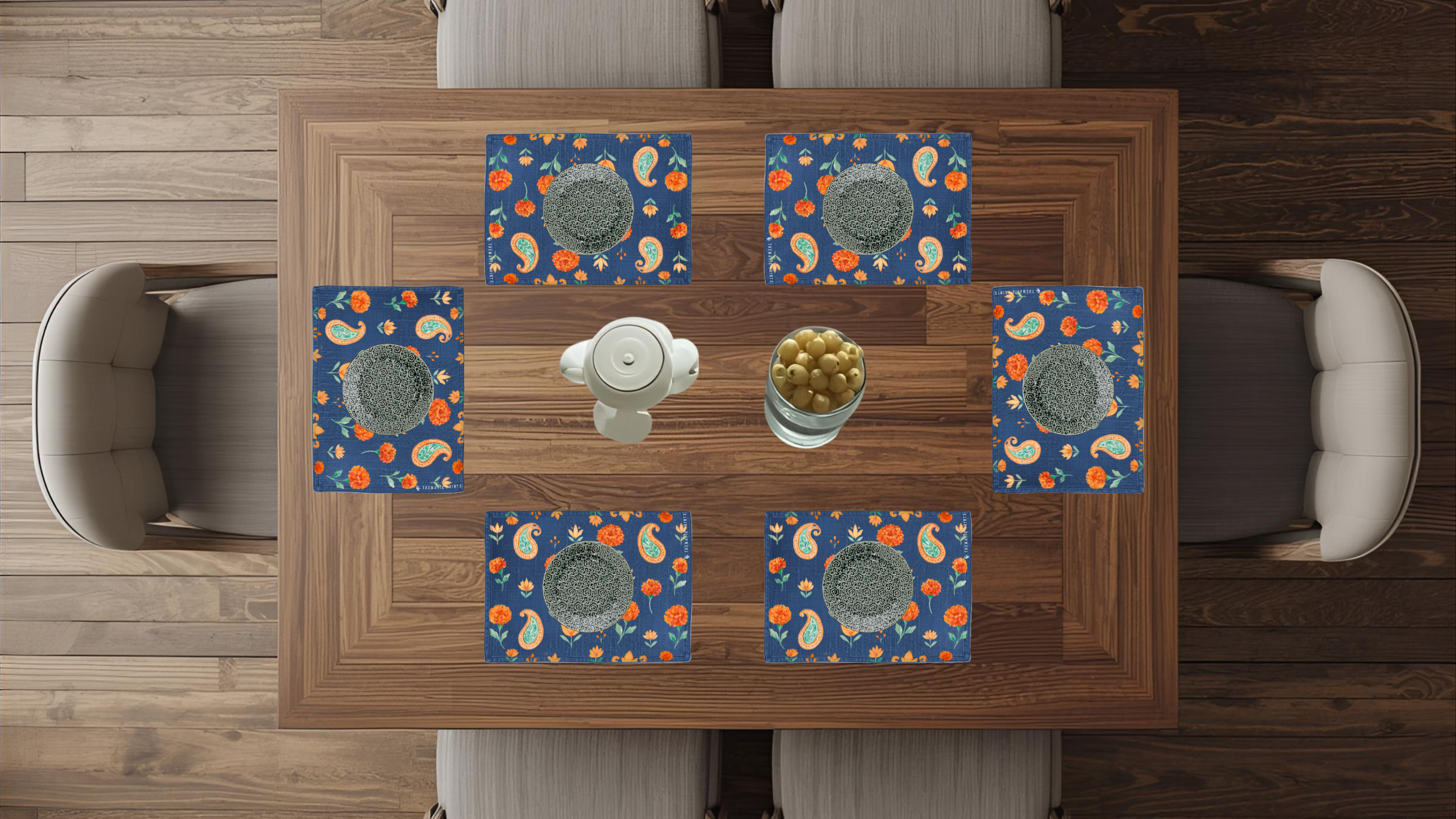 Polyster Fabric Set of 6 Table Placemats - Watercolor Floral