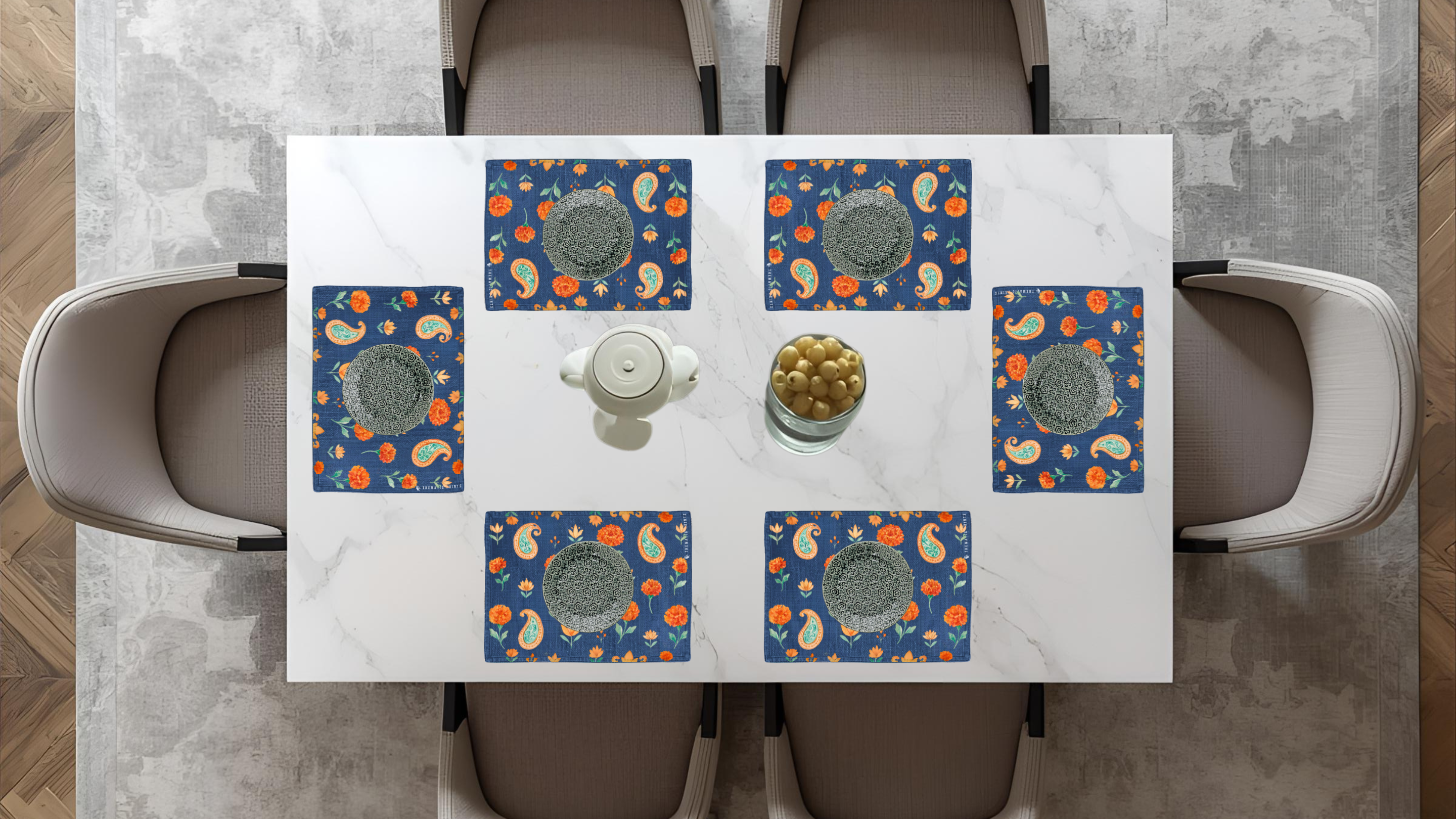 Polyster Fabric Set of 6 Table Placemats - Watercolor Floral