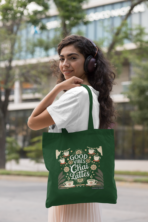 Canvas Tote Bag with Zipper | For College Girls | For Travel and Beach | Good Vibes and Chai Lattes