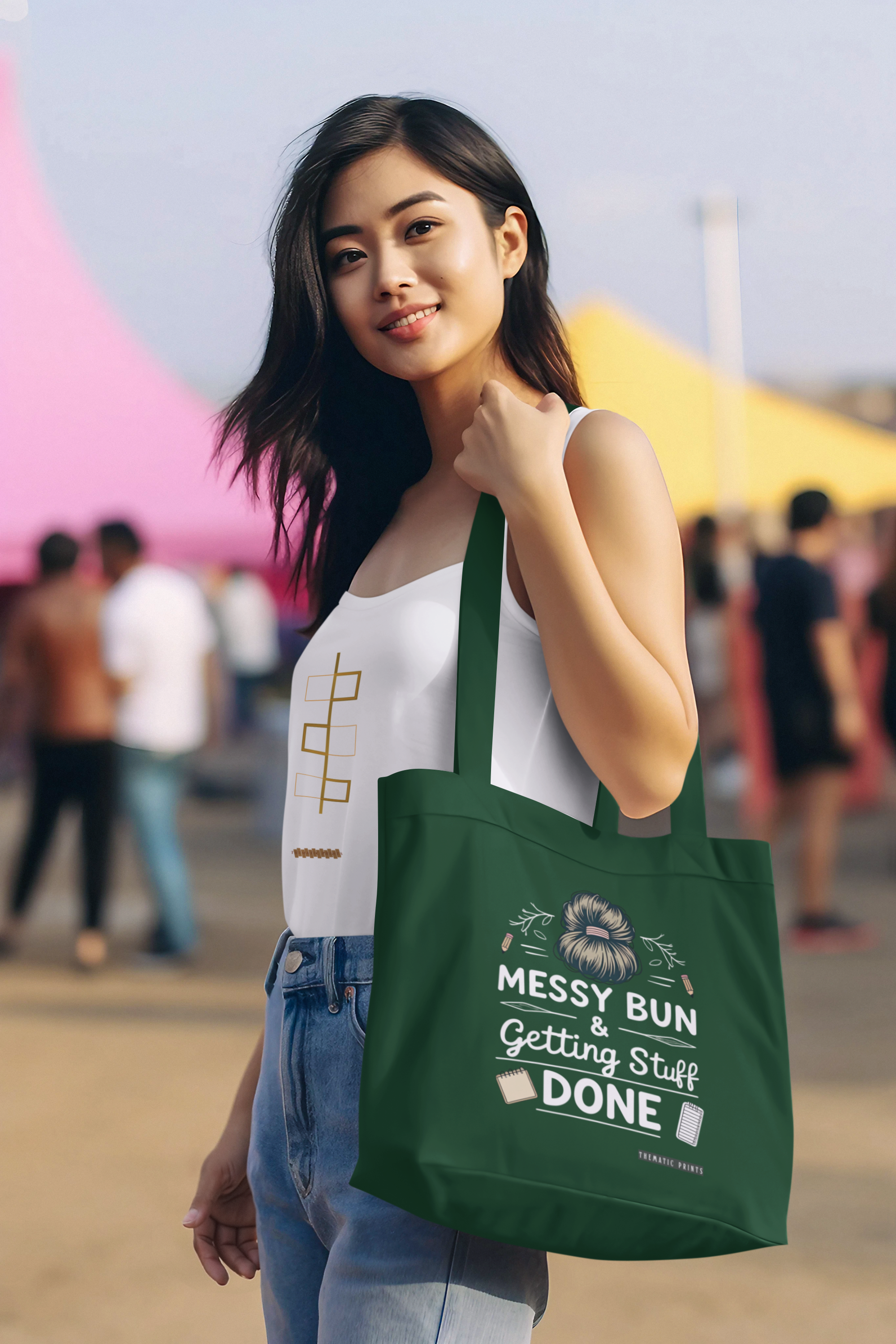 Canvas Eco-friendly Zipper Tote Bag for Collect Girls - Campus Casual Collection - Messy Bun and Getting Stuff Done