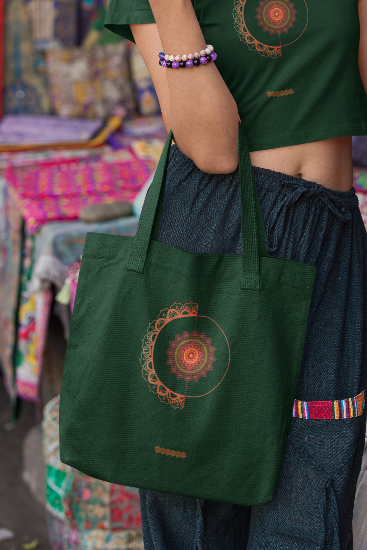 Mandala Pattern Cotton Tote Bag with Zipper | Spiritual Design Carry Bag