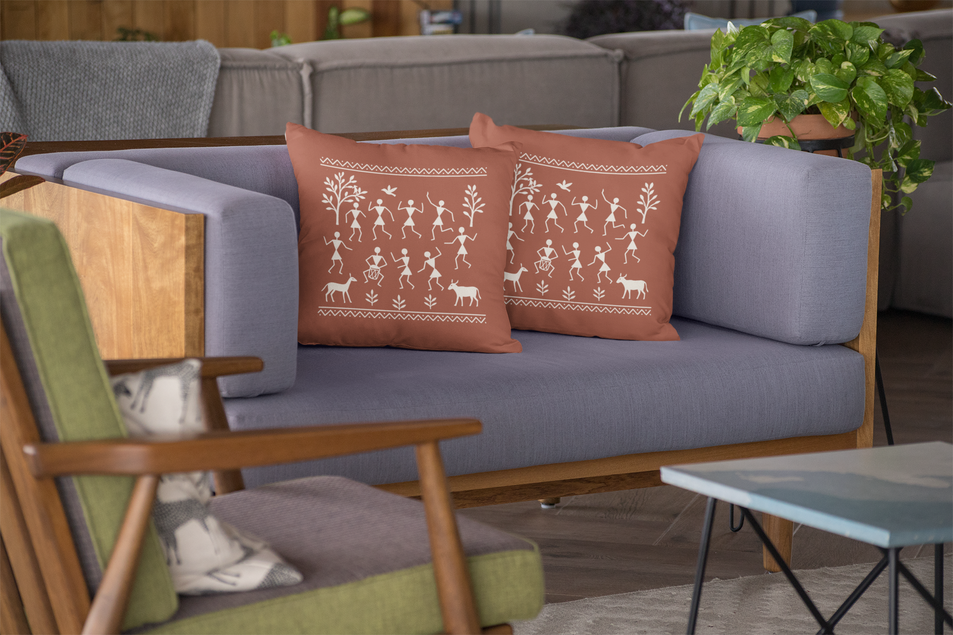 Set of 2 Traditional Artform Cushion Cover - Warli Art Digital Print