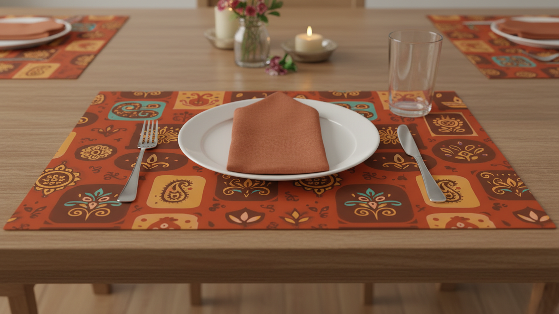 Polyster Fabric Set of 6 Table Placemats - Rangoli Block Tiles