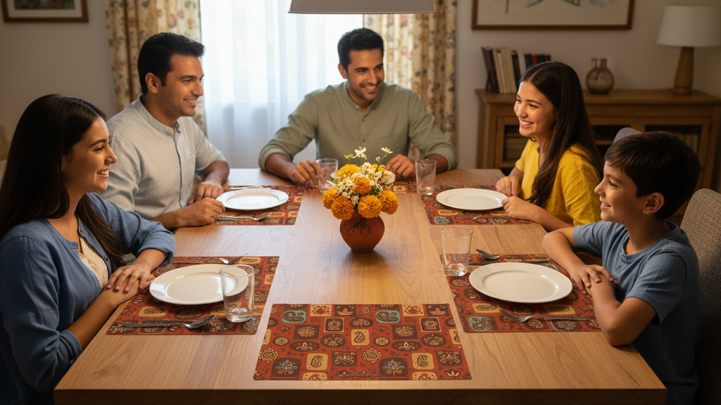 Polyster Fabric Set of 6 Table Placemats - Rangoli Block Tiles