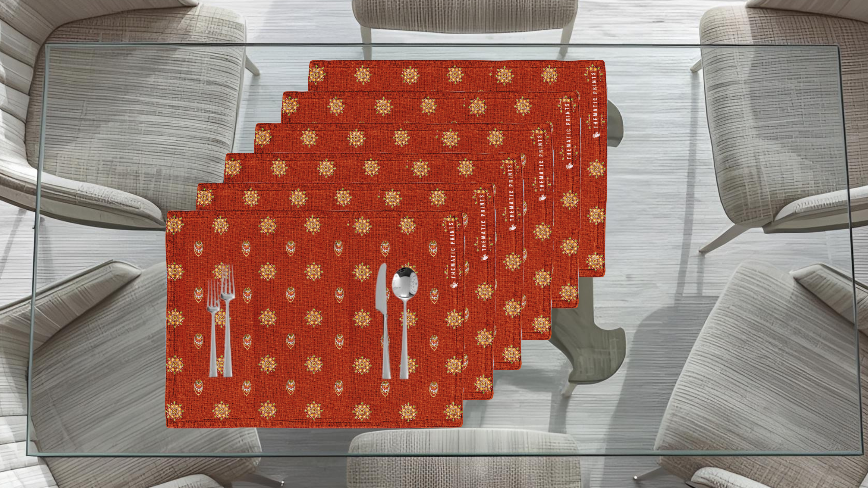 Polyster Fabric Set of 6 Table Placemats - Mandala Small Motifs