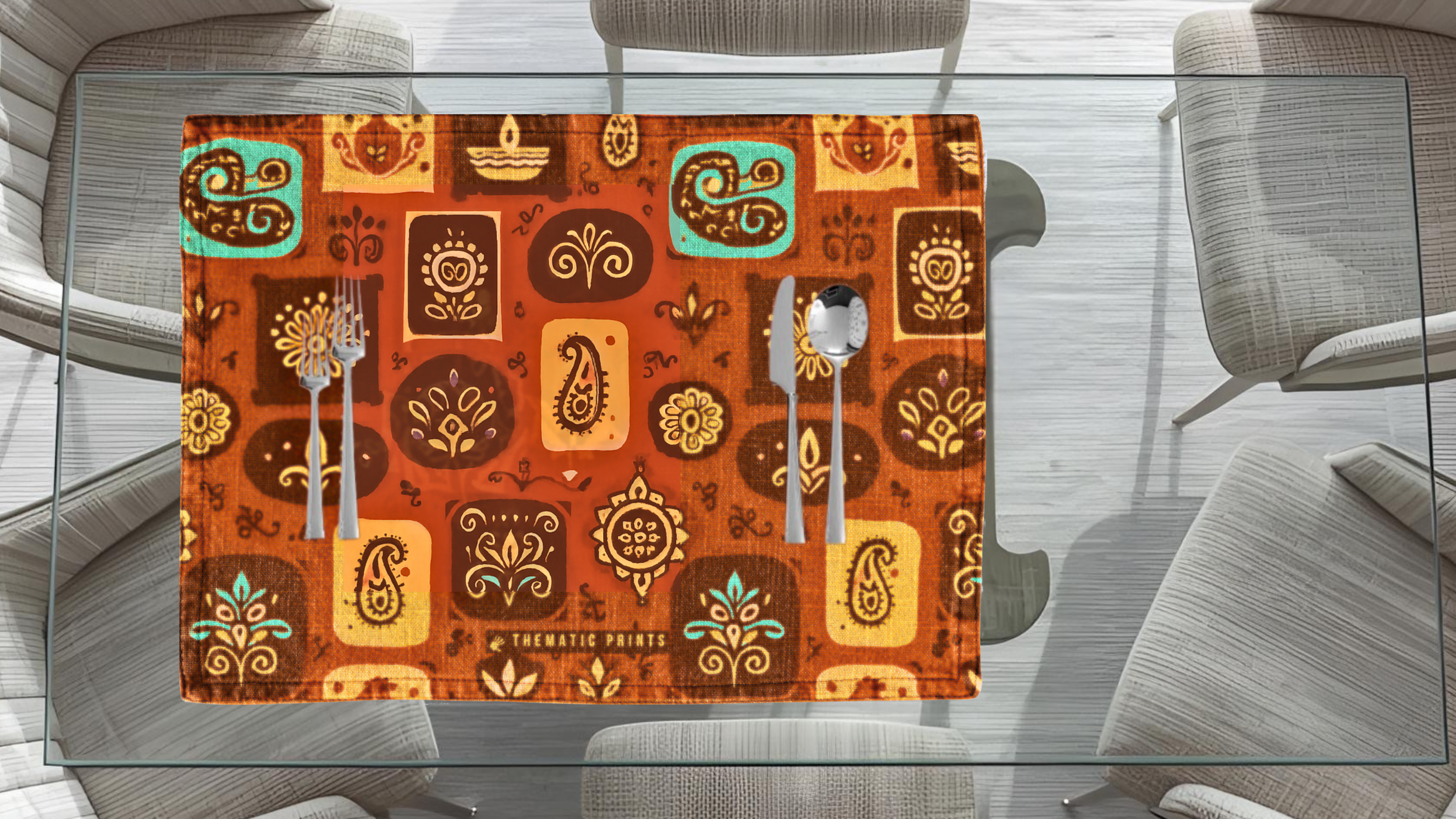 Polyster Fabric Set of 6 Table Placemats - Rangoli Block Tiles