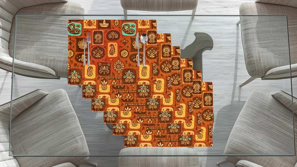 Polyster Fabric Set of 6 Table Placemats - Rangoli Block Tiles